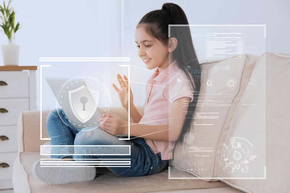 Child,Safety,Online.,Little,Girl,Using,Laptop,At,Home.,Illustration