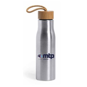 Botella de aluminio y tapón con acabado de madera y logotipo de Fundación MTP estampado.